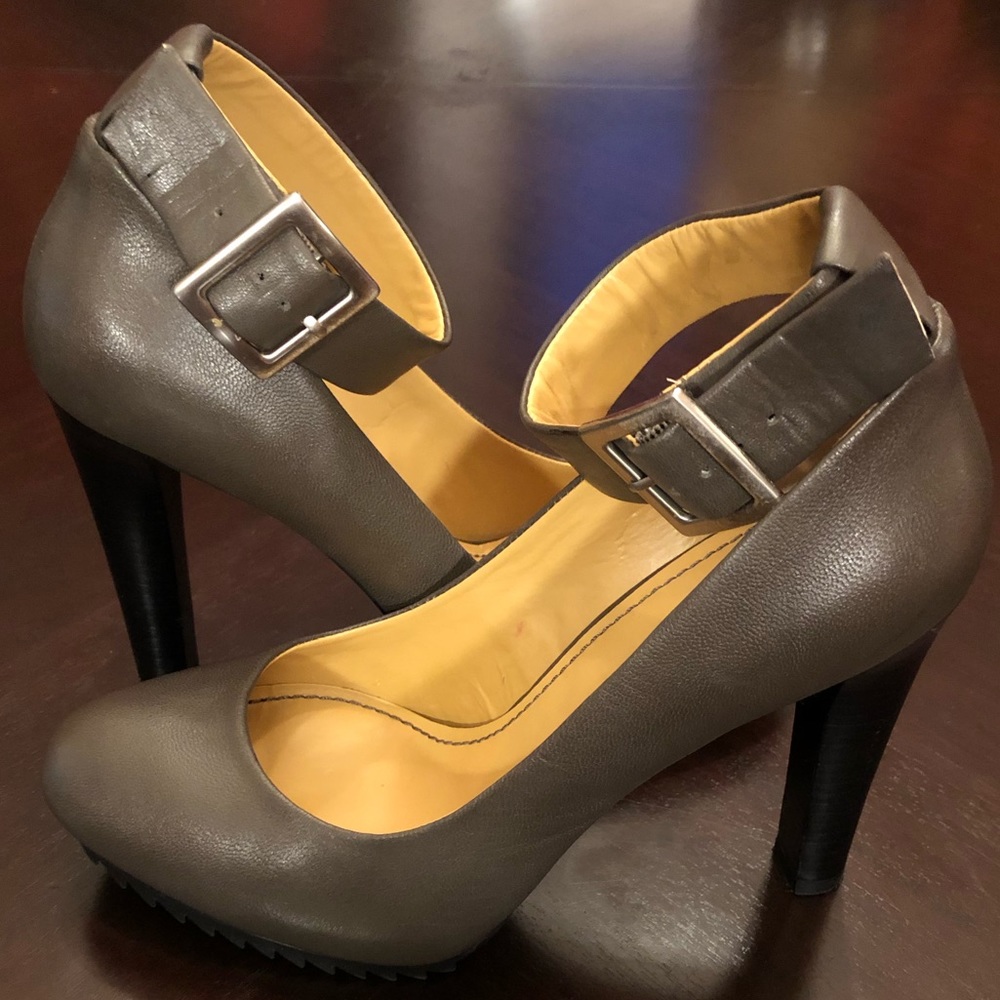 Nine West Gray Leather Ankle-Strap Pumps
